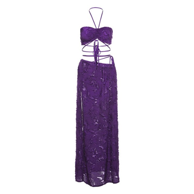 Elegant Frayed Two Piece Set Women Sexy Skinny Wrapped Chest Halter Lace Up Crop Tops+ Straight Bandage Side Split Skirt