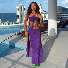 Load image into Gallery viewer, Elegant Frayed Two Piece Set Women Sexy Skinny Wrapped Chest Halter Lace Up Crop Tops+ Straight Bandage Side Split Skirt