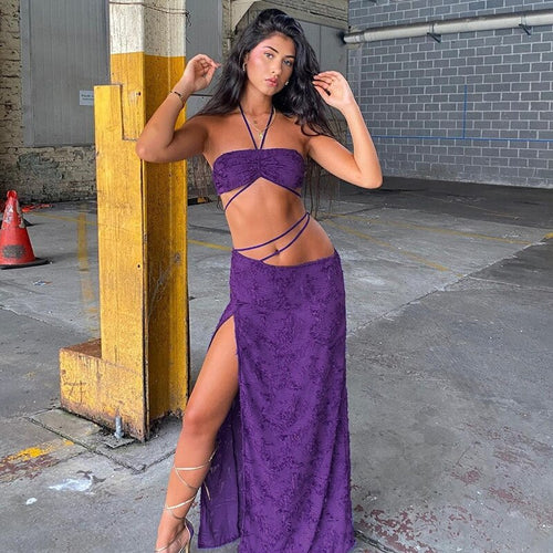 Elegant Frayed Two Piece Set Women Sexy Skinny Wrapped Chest Halter Lace Up Crop Tops+ Straight Bandage Side Split Skirt
