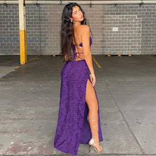 Load image into Gallery viewer, Elegant Frayed Two Piece Set Women Sexy Skinny Wrapped Chest Halter Lace Up Crop Tops+ Straight Bandage Side Split Skirt