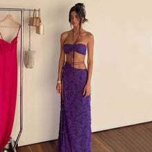 Load image into Gallery viewer, Elegant Frayed Two Piece Set Women Sexy Skinny Wrapped Chest Halter Lace Up Crop Tops+ Straight Bandage Side Split Skirt