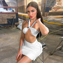 Load image into Gallery viewer, Elegant Green Sexy Mini Bodycon Dress Sets Women 2021 Summer Halterneck Backless Crop Top and Short Skirt Suits Party Clubwear