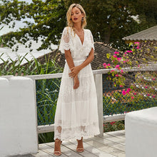 Load image into Gallery viewer, Elegant Hollow Out White Dress Women Long Lace Dress Cross Semi-Sheer Plunge V-Neck Short Sleeve Maxi Dress Princess Vestidos