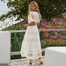 Load image into Gallery viewer, Elegant Hollow Out White Dress Women Long Lace Dress Cross Semi-Sheer Plunge V-Neck Short Sleeve Maxi Dress Princess Vestidos