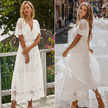 Load image into Gallery viewer, Elegant Hollow Out White Dress Women Long Lace Dress Cross Semi-Sheer Plunge V-Neck Short Sleeve Maxi Dress Princess Vestidos