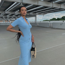 Load image into Gallery viewer, Elegant Knitted Bodycon Midi Skirt Dress Women Summer 2021 Casual Vacation Party Short Sleeve Fashion High Slit Long Dresses