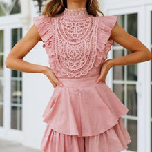 Load image into Gallery viewer, Elegant Lace Ruffle Female Rompers Puff Sleeve O Neck Pure Blue High Waist Club Party OL Playsuits Streetwear 2022 Summer New