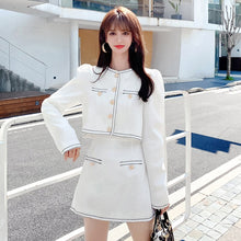 Load image into Gallery viewer, Elegant Lady Two Piece Set Autumn Small Fragrance Suit Button Round Neck Crop Coat+Sexy Slim Bag Hip Skirt Short Sets Casual