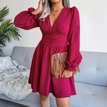 Load image into Gallery viewer, Elegant Lantern Sleeve Dress For Women Sexy V Neck Folds Mini Dress Fashion Solid A Line Party Dresses 2022 New Spring Summer