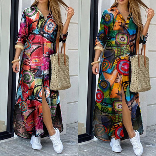 Elegant Long Dress Women Maxi Shirt Dress Casual Floral Printed Single Breasted Robe Autumn Vintage Ladies Long Sleeve Vestidos