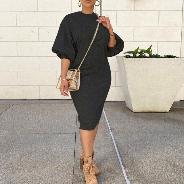 Elegant Long Lantern SleeveSolid  Party Dress Fashion O Neck Sweatshirt Dress Ladies Casual Women Loose Pullover Dress Vestidos