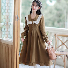 Load image into Gallery viewer, Elegant Loose Lovely Dress Robe Femme Fall French Elegant Apricot Dresses Long Sleeve Lace Stitching Sweet Cute Lotus Leaf Dress