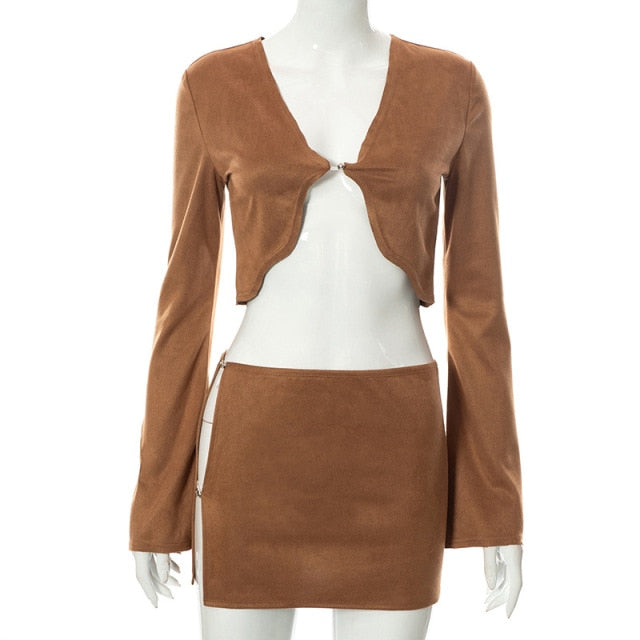 Elegant Low Waist Side Hook Closure Skirt Suit Sexy V Neck Long Sleeve Cardigan Crop Top Folds Hook Mini Dress Streetwear