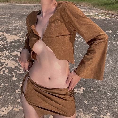 Elegant Low Waist Side Hook Closure Skirt Suit Sexy V Neck Long Sleeve Cardigan Crop Top Folds Hook Mini Dress Streetwear