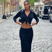 Load image into Gallery viewer, Elegant Maxi Dress Sets Women Casual Long Sleeve Shirt Crop Top And Long Skirt Suits Summer Fashion2021 Sexy Party Two Piece Set