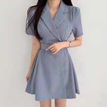 Load image into Gallery viewer, Elegant Notched Collar Blazer Mini Dress With Sashes 2021 Summer Ladies Notched Short Sleeve A-Line Party Dresses Female