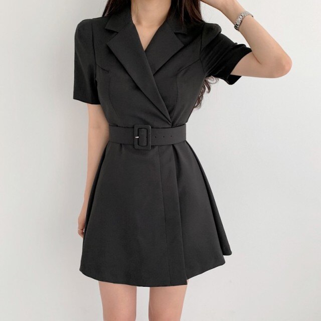 Elegant Notched Collar Blazer Mini Dress With Sashes 2021 Summer Ladies Notched Short Sleeve A-Line Party Dresses Female