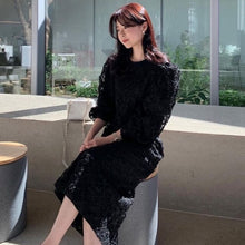Load image into Gallery viewer, Elegant O Neck Lace Hollow Crochet Splicing Dress Women Puff Sleeve Slim Waist Office Ladies Robe Femme Korean Style Vestidos