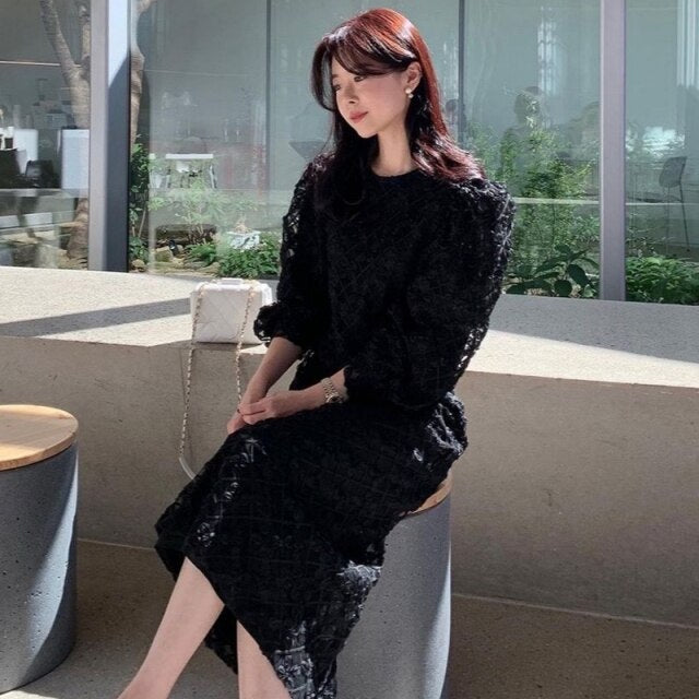 Elegant O Neck Lace Hollow Crochet Splicing Dress Women Puff Sleeve Slim Waist Office Ladies Robe Femme Korean Style Vestidos