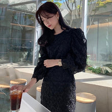 Load image into Gallery viewer, Elegant O Neck Lace Hollow Crochet Splicing Dress Women Puff Sleeve Slim Waist Office Ladies Robe Femme Korean Style Vestidos