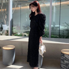 Load image into Gallery viewer, Elegant O Neck Lace Hollow Crochet Splicing Dress Women Puff Sleeve Slim Waist Office Ladies Robe Femme Korean Style Vestidos