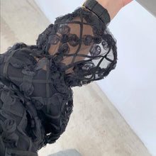 Load image into Gallery viewer, Elegant O Neck Lace Hollow Crochet Splicing Dress Women Puff Sleeve Slim Waist Office Ladies Robe Femme Korean Style Vestidos