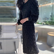 Load image into Gallery viewer, Elegant O Neck Lace Hollow Crochet Splicing Dress Women Puff Sleeve Slim Waist Office Ladies Robe Femme Korean Style Vestidos