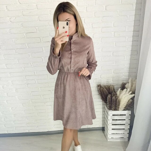 Elegant Office Lady Dress For Women Casual Solid Long Sleeve O neck Dress 2021 Autumn Winter Fashion Button A-line Knee Dresses