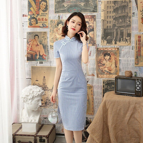 Elegant Plaid Print Improved Cheongsam Summer Women Short Sleeve Stand Collar Slim Split Fork Vintage Buckle Knee Length Dress