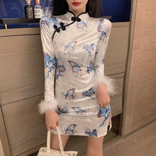 Load image into Gallery viewer, Elegant Print Long Sleeve Velvet Butterfly Cheongsam Dress Patchwork Bodycon Retro Sexy Party Fashion Robe Femme Autumn Vestido