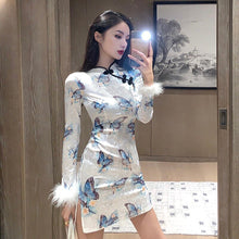 Load image into Gallery viewer, Elegant Print Long Sleeve Velvet Butterfly Cheongsam Dress Patchwork Bodycon Retro Sexy Party Fashion Robe Femme Autumn Vestido