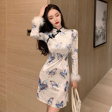 Load image into Gallery viewer, Elegant Print Long Sleeve Velvet Butterfly Cheongsam Dress Patchwork Bodycon Retro Sexy Party Fashion Robe Femme Autumn Vestido