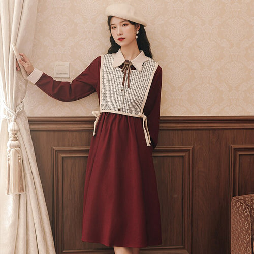 Elegant Retro Outfits Lady Fall Long Sleeve Red Dress Femme Sweet Checked Vest+Irregular Doll Collar Sweet Chic Midi Dress Suit