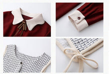 Load image into Gallery viewer, Elegant Retro Outfits Lady Fall Long Sleeve Red Dress Femme Sweet Checked Vest+Irregular Doll Collar Sweet Chic Midi Dress Suit
