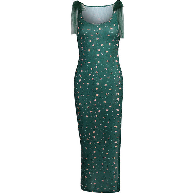 Elegant Retro Print Sleeveless Sexy Slit Tie Cut-Out Maxi Dress Party Club 2022 Fashion Summer Dresses Bodycon Outfits Vacation