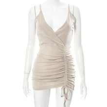 Load image into Gallery viewer, Elegant Sexy Folds Drawstring Women Dress Pure Apricot V Neck Sleeveless Party Dress Backless High Waist Vestido 2022 Summer