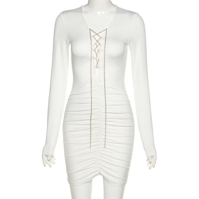 Elegant Sexy Long Sleeve Bodycon Dress Women Summer Fashion Party Office Lady Deep V Neck Bandage Skinny Short Mini Dresses 2021