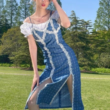 Load image into Gallery viewer, Elegant Sexy Split Strap Dress Women Designer High Street Print Denim Midi Dresses Korean Style Lace Summer Dress Sundress 2021