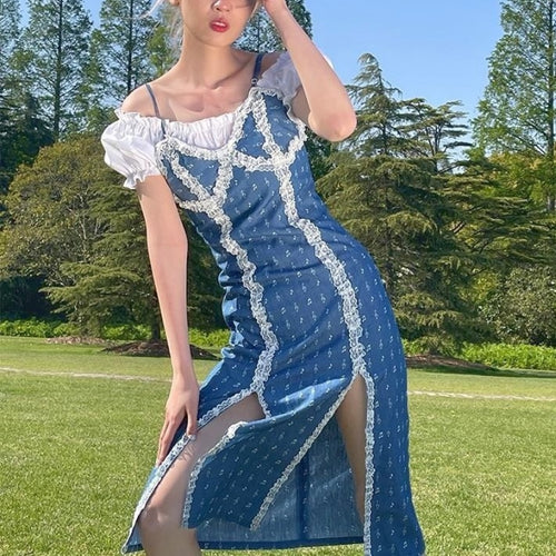 Elegant Sexy Split Strap Dress Women Designer High Street Print Denim Midi Dresses Korean Style Lace Summer Dress Sundress 2021