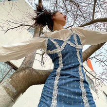 Load image into Gallery viewer, Elegant Sexy Split Strap Dress Women Designer High Street Print Denim Midi Dresses Korean Style Lace Summer Dress Sundress 2021