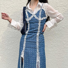 Load image into Gallery viewer, Elegant Sexy Split Strap Dress Women Designer High Street Print Denim Midi Dresses Korean Style Lace Summer Dress Sundress 2021
