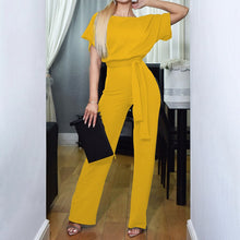 Load image into Gallery viewer, Elegant Short Sleeve Lace Up Jumpsuit Women Summer 2021 Fashion Casual O-neck Solid Slim Clothes Pink Rompers Womens Jumpsuit