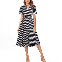 Load image into Gallery viewer, Elegant Short Sleeve Striped Midi Dress Woman Summer Fashion Casual V-neck A-line Dresses For Women 2021 Black Office Robe Femme