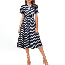 Load image into Gallery viewer, Elegant Short Sleeve Striped Midi Dress Woman Summer Fashion Casual V-neck A-line Dresses For Women 2021 Black Office Robe Femme