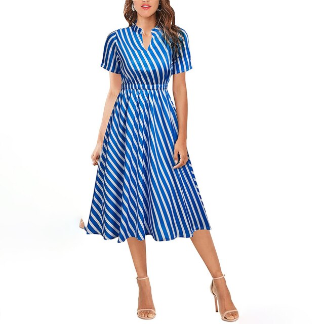 Elegant Short Sleeve Striped Midi Dress Woman Summer Fashion Casual V-neck A-line Dresses For Women 2021 Black Office Robe Femme