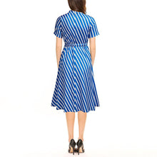 Load image into Gallery viewer, Elegant Short Sleeve Striped Midi Dress Woman Summer Fashion Casual V-neck A-line Dresses For Women 2021 Black Office Robe Femme