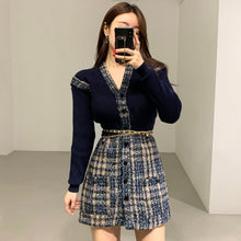 Load image into Gallery viewer, Elegant Single Breasted Knit Stitched Short Tweed Dress with Belt Korean Style Long Sleeve Slim Fit Vestidos Mujer Autumn Robe