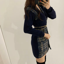 Load image into Gallery viewer, Elegant Single Breasted Knit Stitched Short Tweed Dress with Belt Korean Style Long Sleeve Slim Fit Vestidos Mujer Autumn Robe