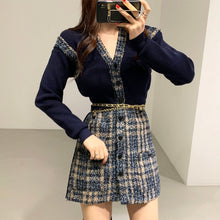 Load image into Gallery viewer, Elegant Single Breasted Knit Stitched Short Tweed Dress with Belt Korean Style Long Sleeve Slim Fit Vestidos Mujer Autumn Robe