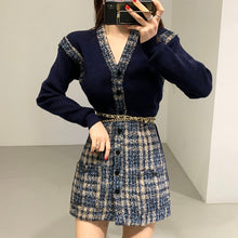 Load image into Gallery viewer, Elegant Single Breasted Knit Stitched Short Tweed Dress with Belt Korean Style Long Sleeve Slim Fit Vestidos Mujer Autumn Robe